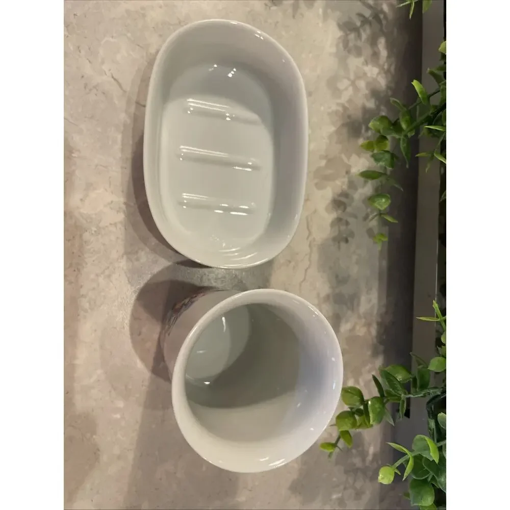 Floral Festival Bathroom Soap Dish & Cup 1988 Bill Blass Japan
